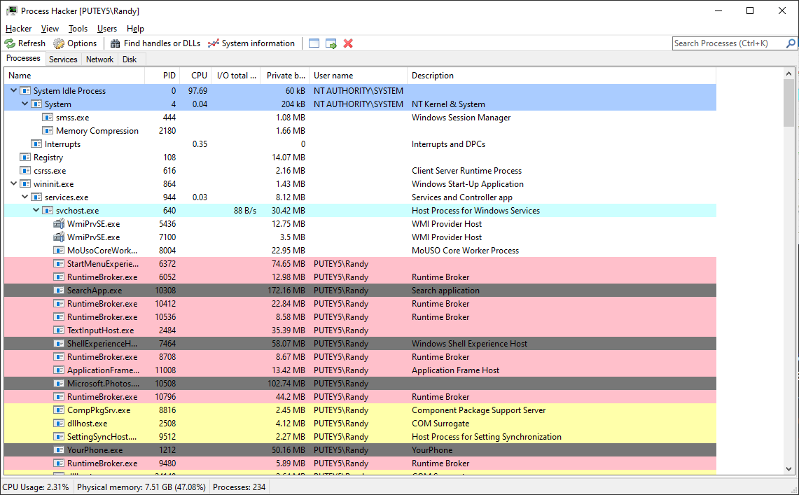 Process Hacker main interface showing detailed process monitoring with CPU, memory, and network statistics